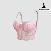 Floral Embroidered Mesh Corset Top – Elegant Lace Bustier with Underwire Support