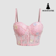 Floral Embroidered Mesh Corset Top – Elegant Lace Bustier with Underwire Support