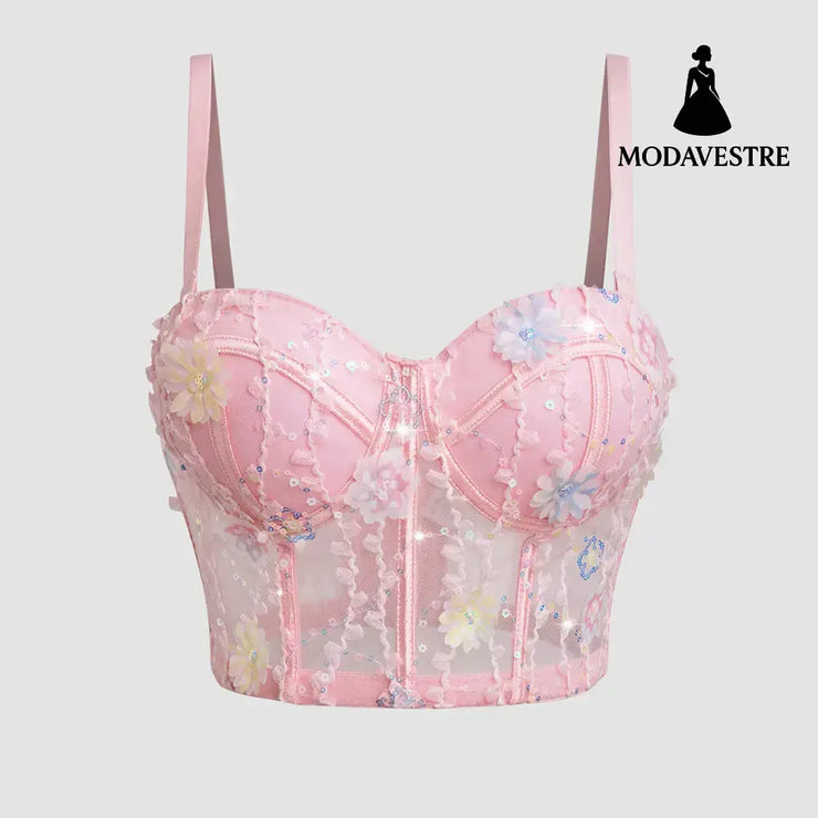 Floral Embroidered Mesh Corset Top – Elegant Lace Bustier with Underwire Support Peach Pink / 34B