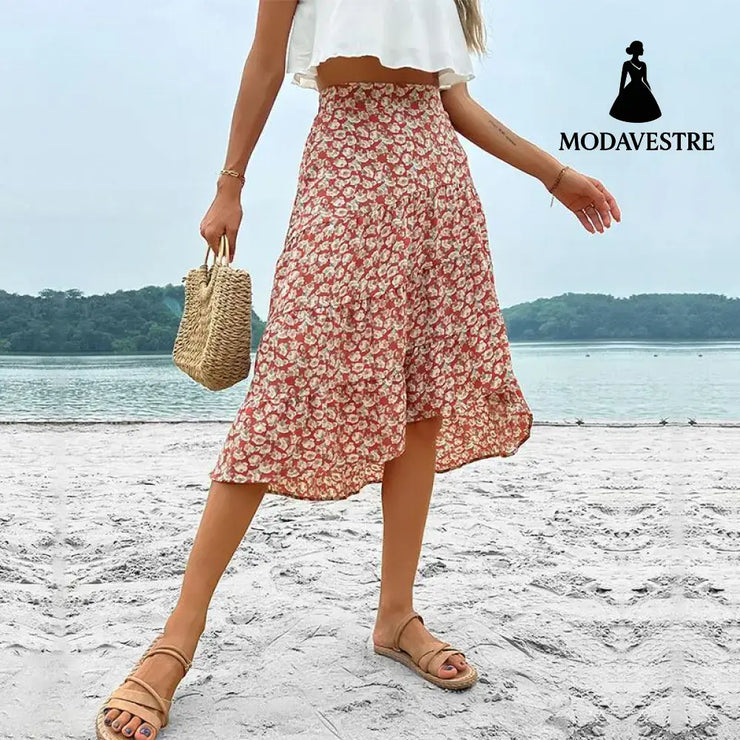 Floral Skirt Holiday Skirt Irregular Print Skirt Wine Red / L