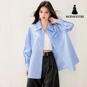 French Lazy Style Stripe Shirt Women Casual Loose Commute Vintage Style Unique Blouse