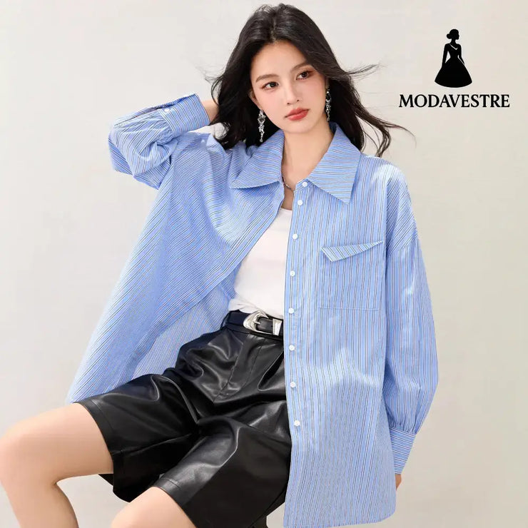 French Lazy Style Stripe Shirt Women Casual Loose Commute Vintage Style Unique Blouse