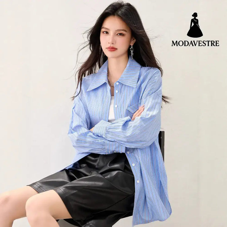 French Lazy Style Stripe Shirt Women Casual Loose Commute Vintage Style Unique Blouse