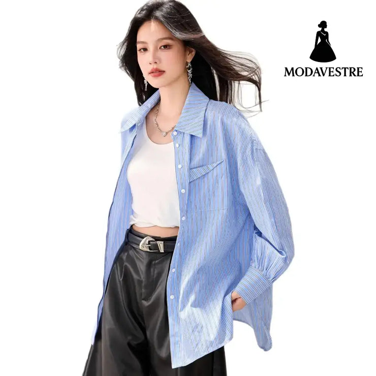 French Lazy Style Stripe Shirt Women Casual Loose Commute Vintage Style Unique Blouse