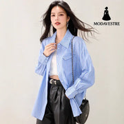 French Lazy Style Stripe Shirt Women Casual Loose Commute Vintage Style Unique Blouse Blue / S