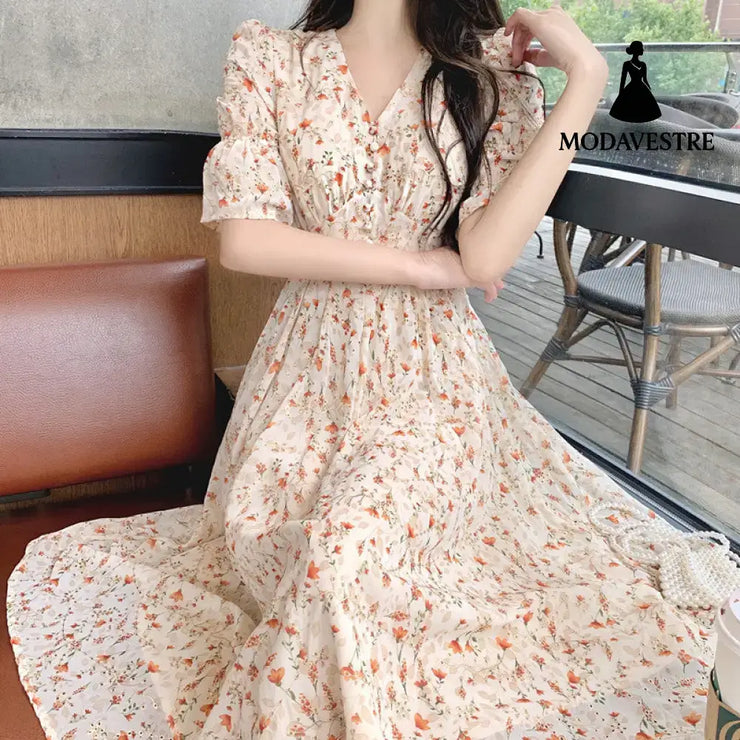French Style Floral Skirt Puff Sleeve Skirt Long Skirt