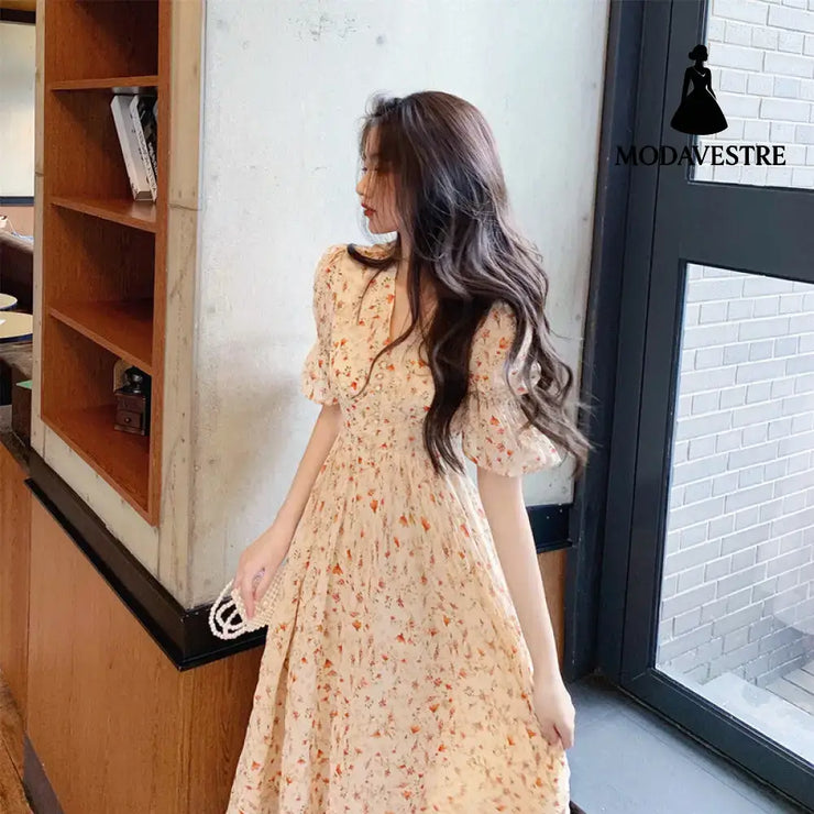 French Style Floral Skirt Puff Sleeve Skirt Long Skirt