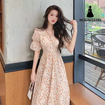 French Style Floral Skirt Puff Sleeve Skirt Long Skirt