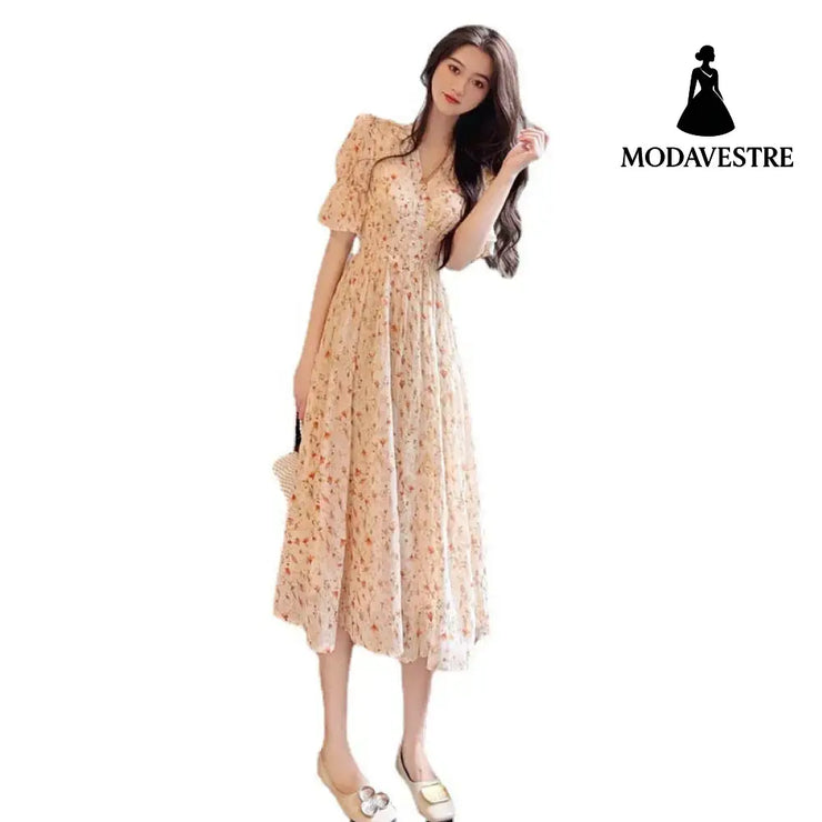 French Style Floral Skirt Puff Sleeve Skirt Long Skirt