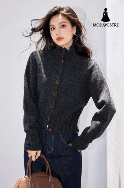 French Vintage Brown Short Stand Collar Knit Cardigan Coat for Women Autumn Winter Basic Knitwear dark gray / S