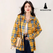 French Yellow Checkered Shirt Blousefor Women Summer Long Sleeve Sun Protection Top