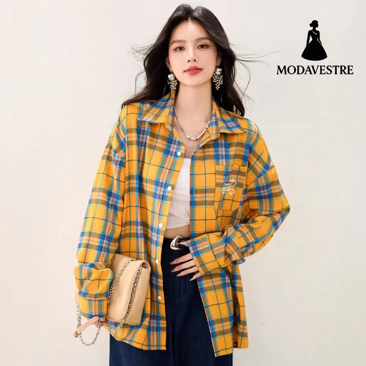French Yellow Checkered Shirt Blousefor Women Summer Long Sleeve Sun Protection Top