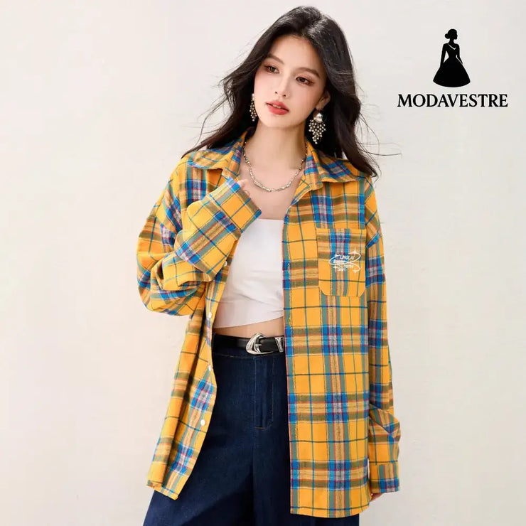 French Yellow Checkered Shirt Blousefor Women Summer Long Sleeve Sun Protection Top