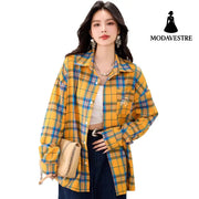 French Yellow Checkered Shirt Blousefor Women Summer Long Sleeve Sun Protection Top