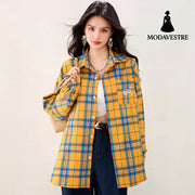 French Yellow Checkered Shirt Blousefor Women Summer Long Sleeve Sun Protection Top