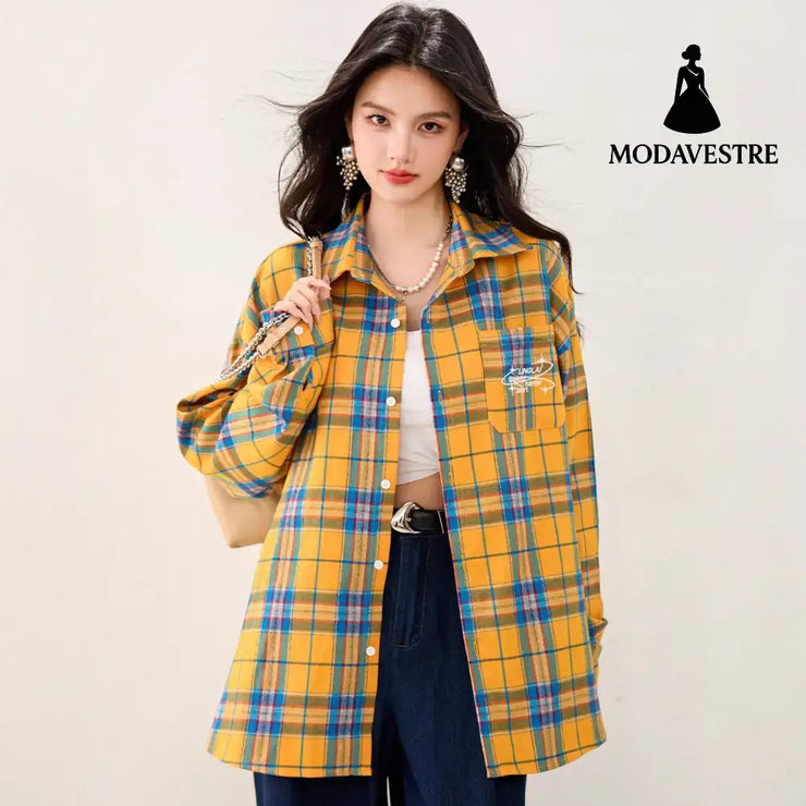 French Yellow Checkered Shirt Blousefor Women Summer Long Sleeve Sun Protection Top