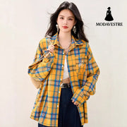 French Yellow Checkered Shirt Blousefor Women Summer Long Sleeve Sun Protection Top Yellow / S