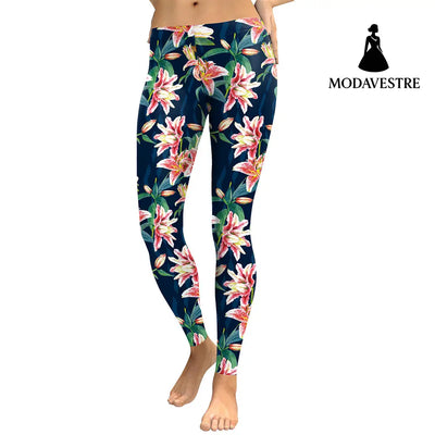 Fresh Fragrance Lily  Women Leggings Capri Lilies Digital Print Woman Legging Work Out Street Wear Pants Leggins - MODAVESTRE