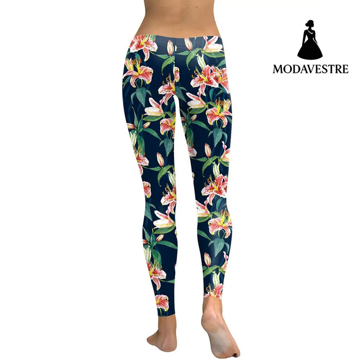 Fresh Fragrance Lily  Women Leggings Capri Lilies Digital Print Woman Legging Work Out Street Wear Pants Leggins - MODAVESTRE