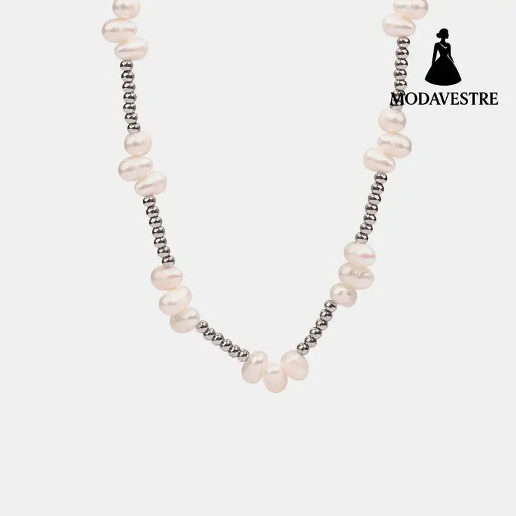 Freshwater Pearl Titanium Steel Bead Necklace Silver / One Size