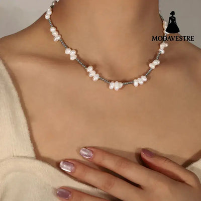 Freshwater Pearl Titanium Steel Bead Necklace Silver / One Size