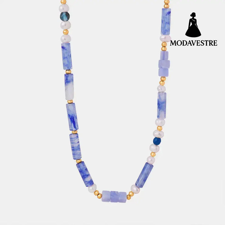 Freshwater Pearl Titanium Steel Geometric Bead Necklace Light Blue / One Size