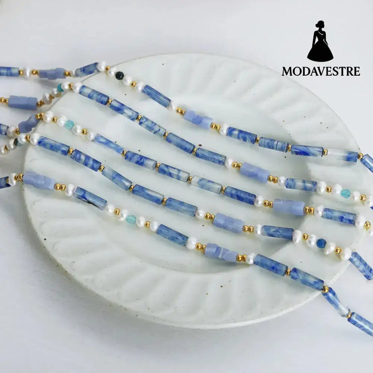 Freshwater Pearl Titanium Steel Geometric Bead Necklace Light Blue / One Size