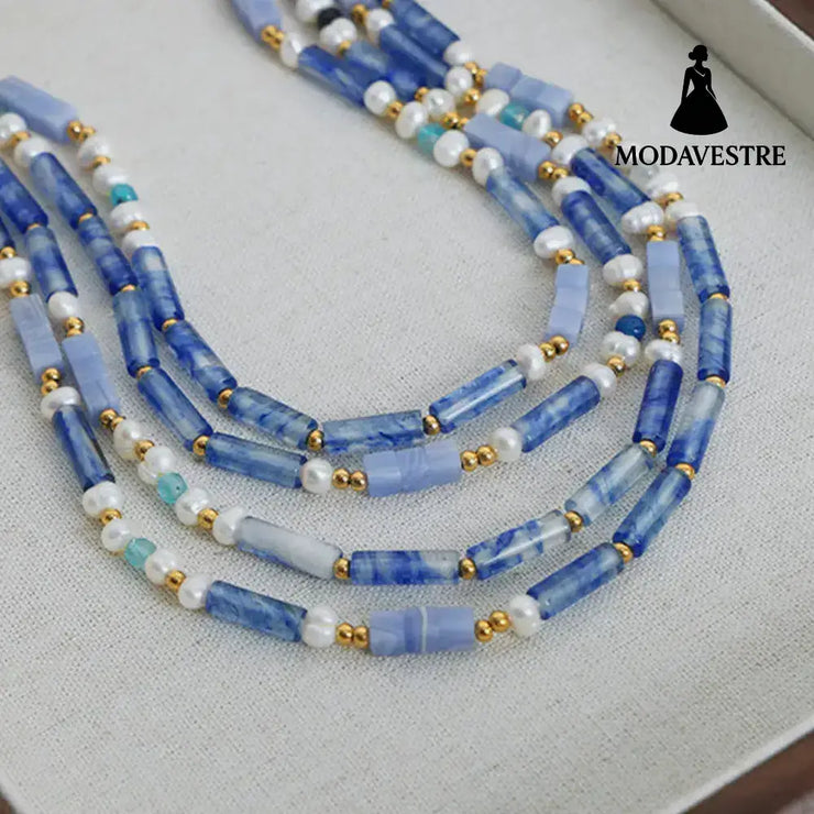 Freshwater Pearl Titanium Steel Geometric Bead Necklace Light Blue / One Size