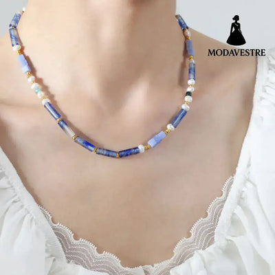 Freshwater Pearl Titanium Steel Geometric Bead Necklace Light Blue / One Size