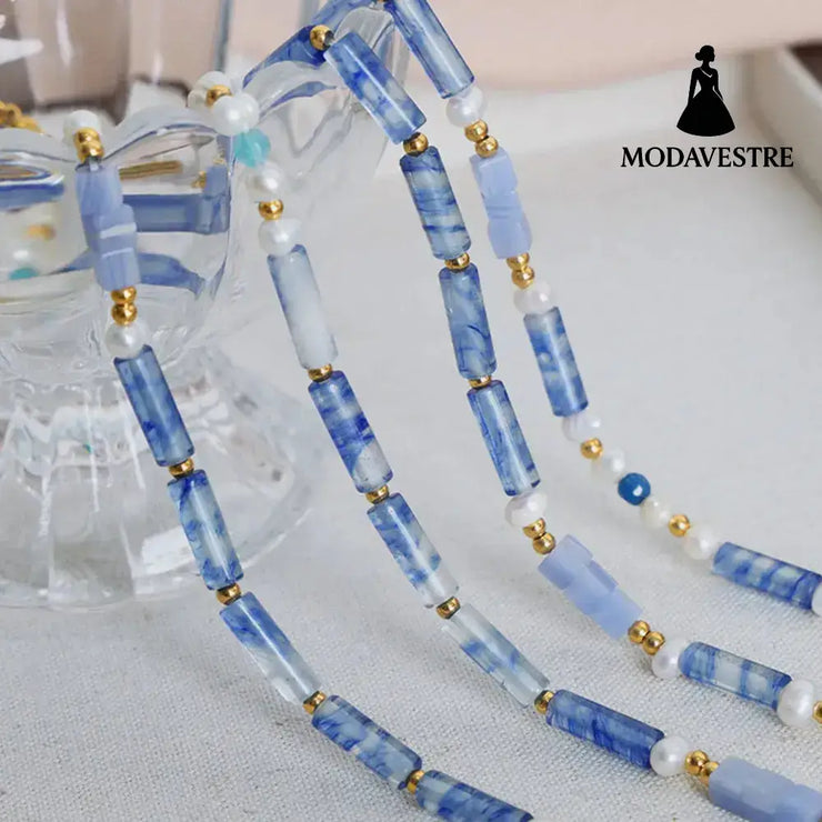 Freshwater Pearl Titanium Steel Geometric Bead Necklace Light Blue / One Size