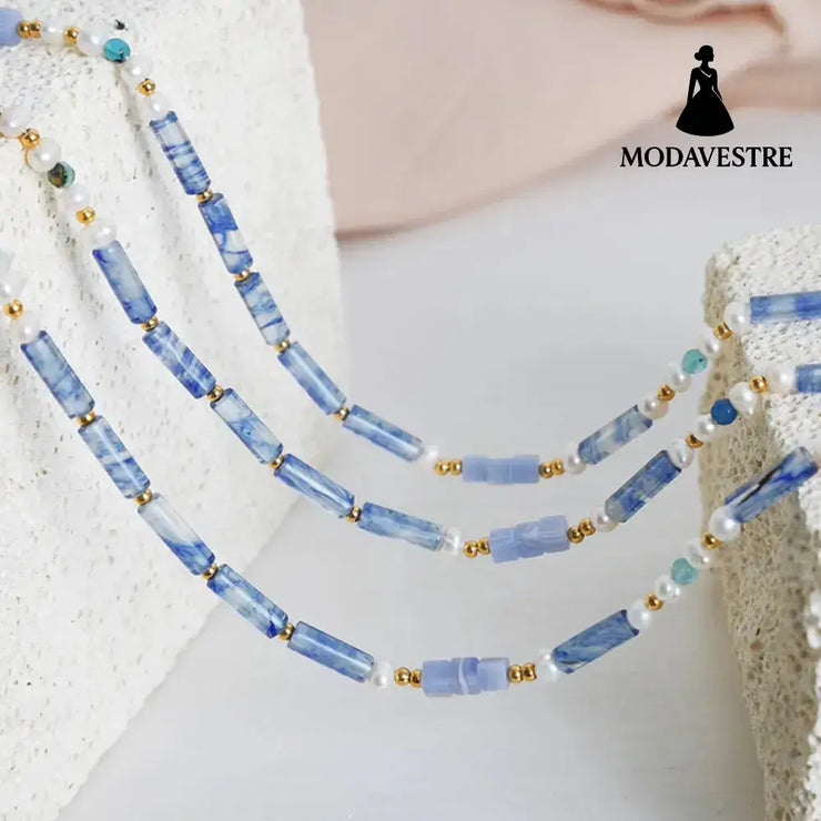 Freshwater Pearl Titanium Steel Geometric Bead Necklace Light Blue / One Size