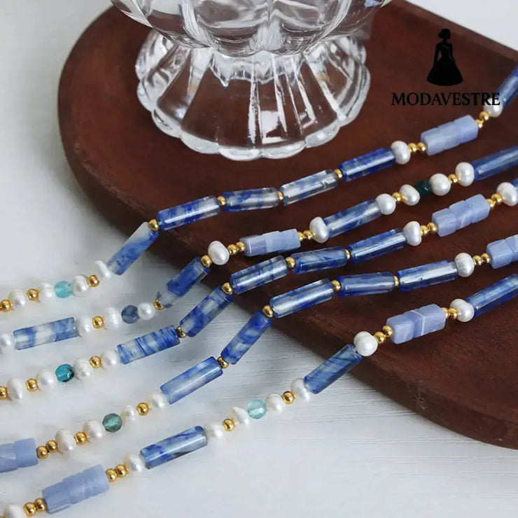 Freshwater Pearl Titanium Steel Geometric Bead Necklace Light Blue / One Size