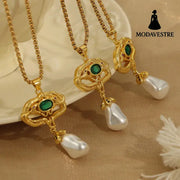 Freshwater Pearl Titanium Steel Geometric Necklace Gold / One Size