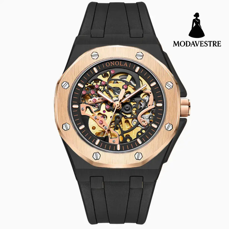 Fully automatic mechanical watch for men fashionable multi-color silicone tape waterproof watch Black shell rose circle