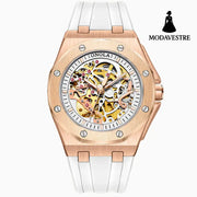 Fully automatic mechanical watch for men fashionable multi-color silicone tape waterproof watch rose white