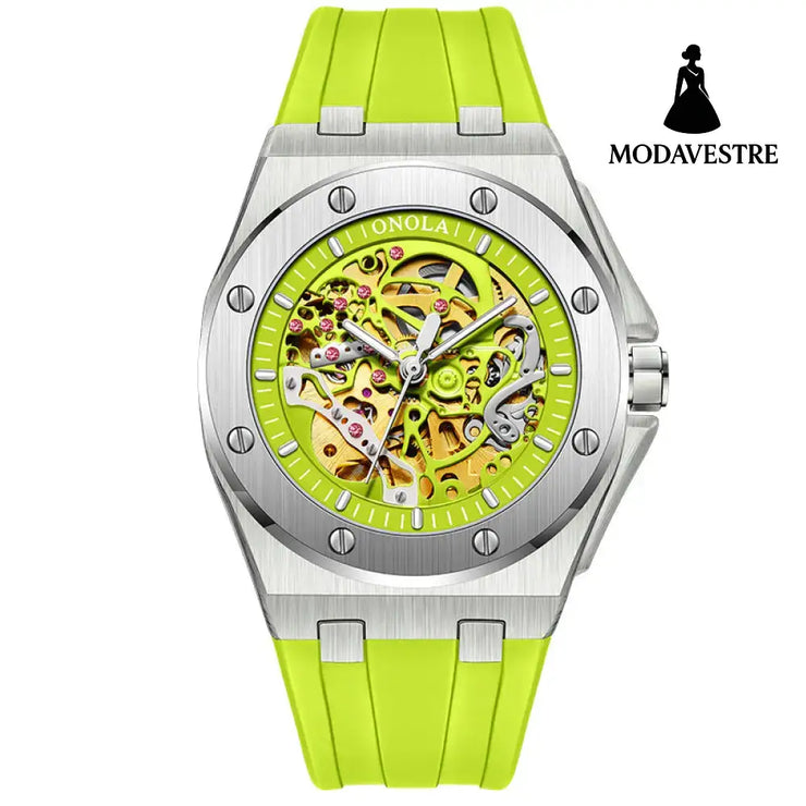 Fully automatic mechanical watch for men fashionable multi-color silicone tape waterproof watch Silver Green
