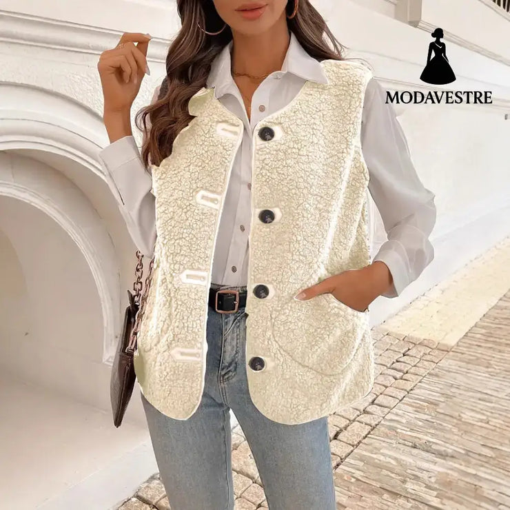 Fur Integrated Composite Loose Korean Outerwear Sleeveless Vest Beige / L