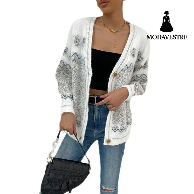 Geometric wave jacquard contrasting color V-neck single breasted casual knitted jacket for women