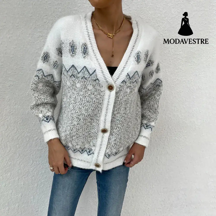 Geometric wave jacquard contrasting color V-neck single breasted casual knitted jacket for women