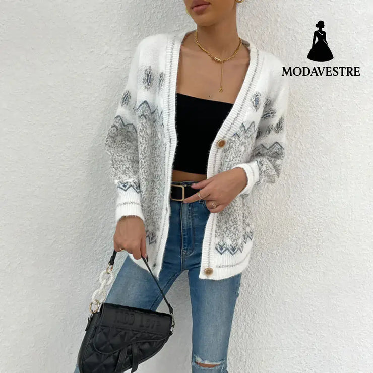 Geometric wave jacquard contrasting color V-neck single breasted casual knitted jacket for women