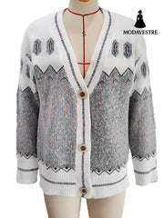 Geometric wave jacquard contrasting color V-neck single breasted casual knitted jacket for women Blue / S