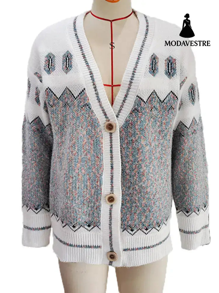 Geometric wave jacquard contrasting color V-neck single breasted casual knitted jacket for women Blue / S