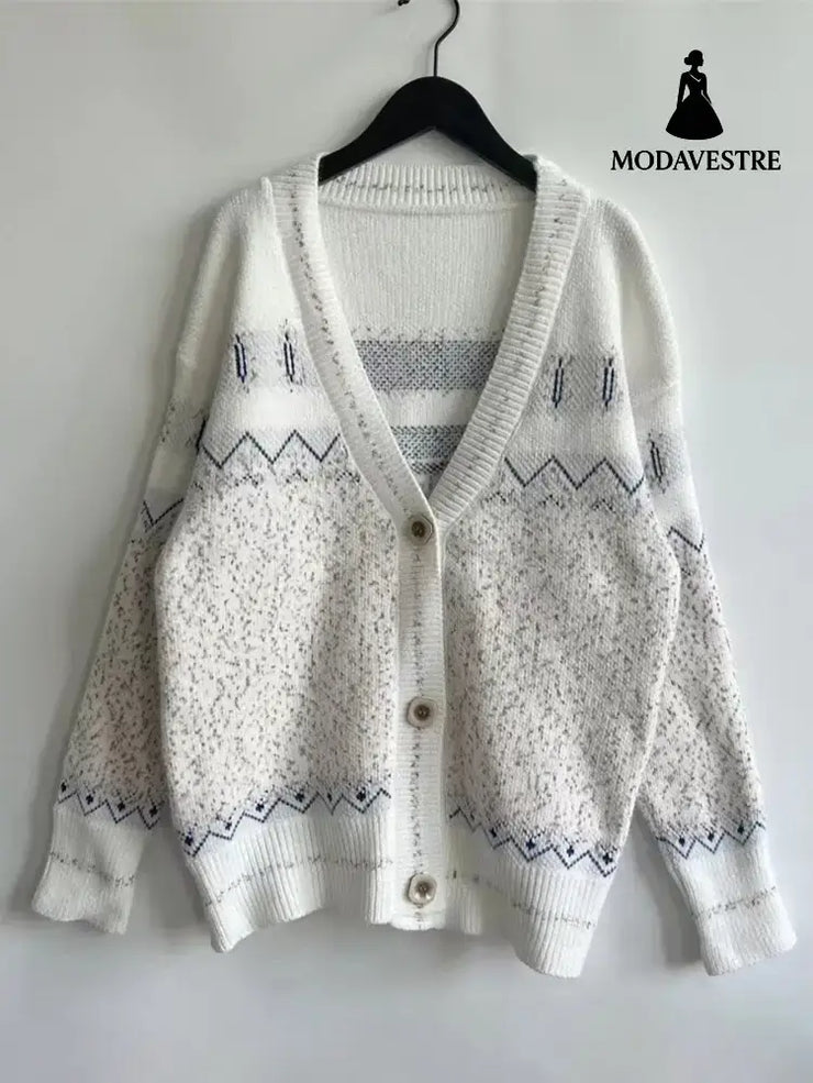 Geometric wave jacquard contrasting color V-neck single breasted casual knitted jacket for women Khaki / S