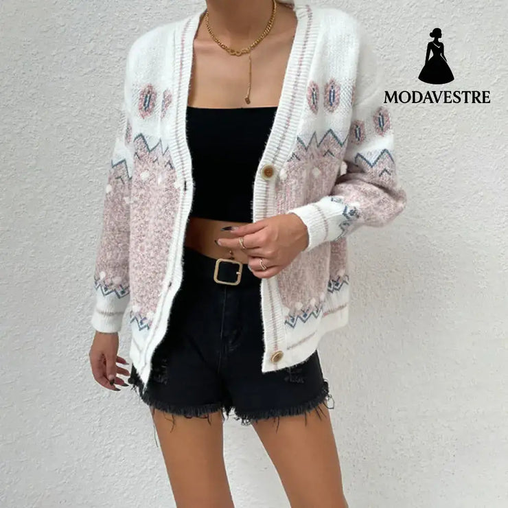 Geometric wave jacquard contrasting color V-neck single breasted casual knitted jacket for women Pink / S