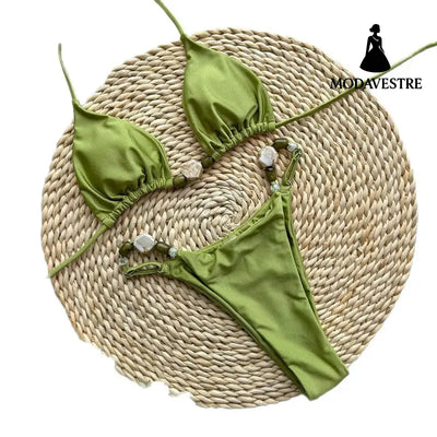 Glossy Brown Pearl Bikini Set – Elegant Two-Piece Women’s Swimwear