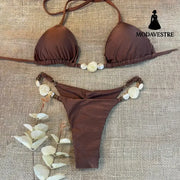 Glossy Brown Pearl Bikini Set – Elegant Two-Piece Women’s Swimwear
