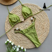 Glossy Brown Pearl Bikini Set – Elegant Two-Piece Women’s Swimwear C3991 Glossy Green / S