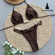 Glossy Brown Pearl Bikini Set – Elegant Two-Piece Women’s Swimwear C3991 Glossy Brown / S