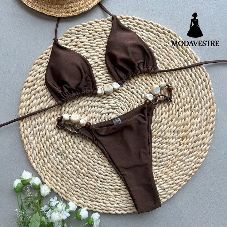 Glossy Brown Pearl Bikini Set – Elegant Two-Piece Women’s Swimwear C3991 Glossy Brown / S
