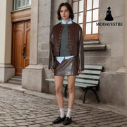 Gold Button Fashion Short Leather Coat Coat